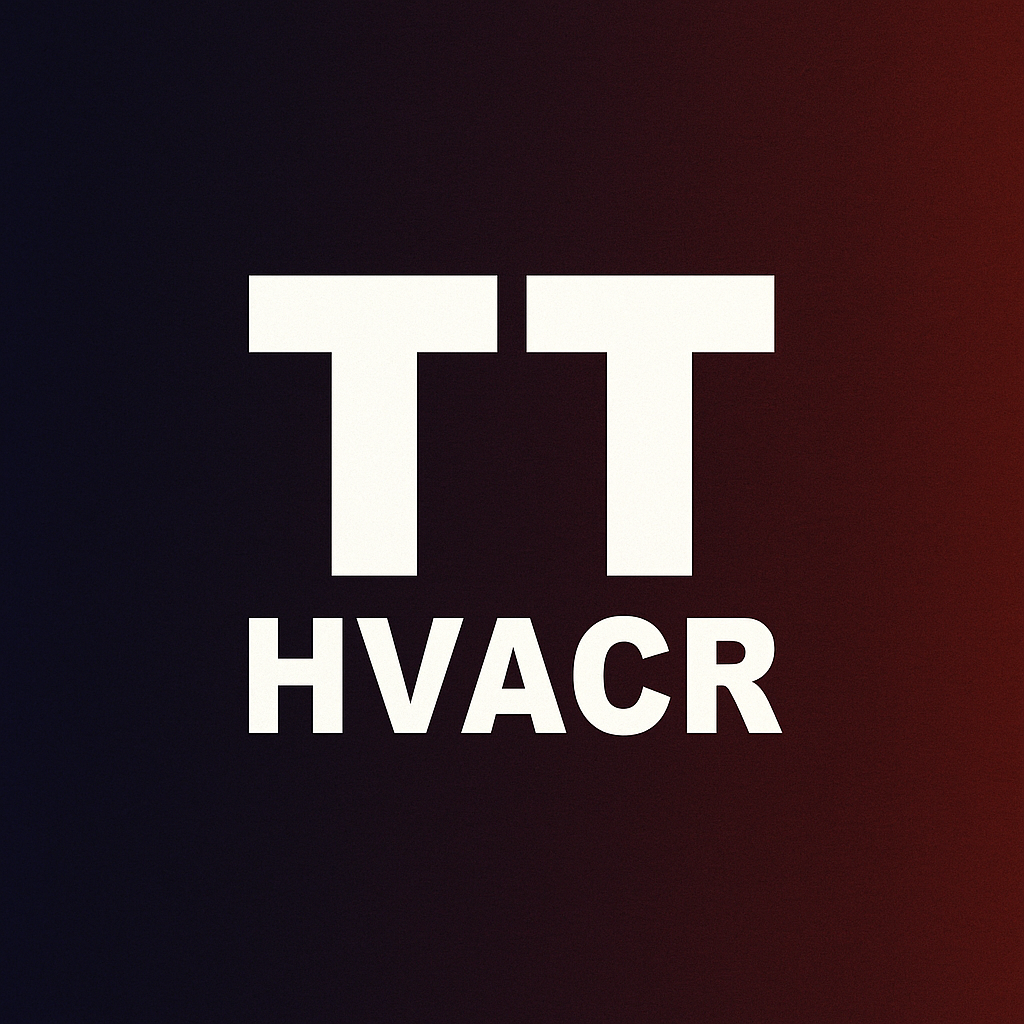Logo with white "TT" above "HVACR" on a gradient black to red background.