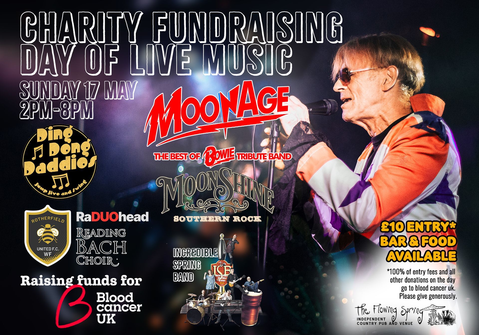 The Dave Robinson Memorial Day of Live Music in the Garden, 17 May 2026, raising funds for Blood Cancer UK at The Flowing Spring