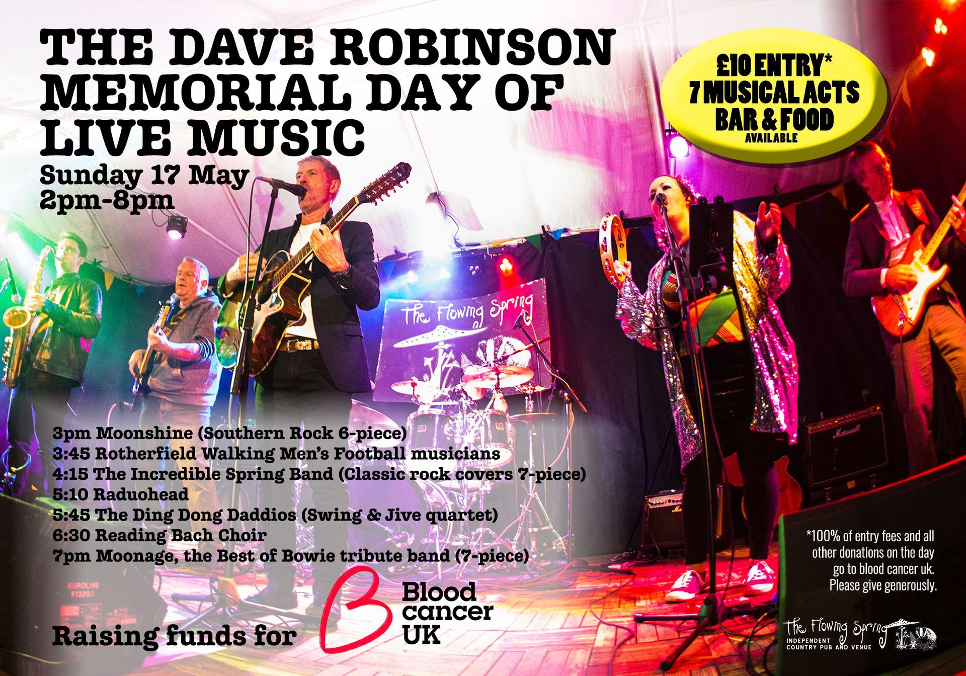 The Dave Robinson Memorial Day of Live Music in the Garden, 17 May 2026, raising funds for Blood Cancer UK at The Flowing Spring