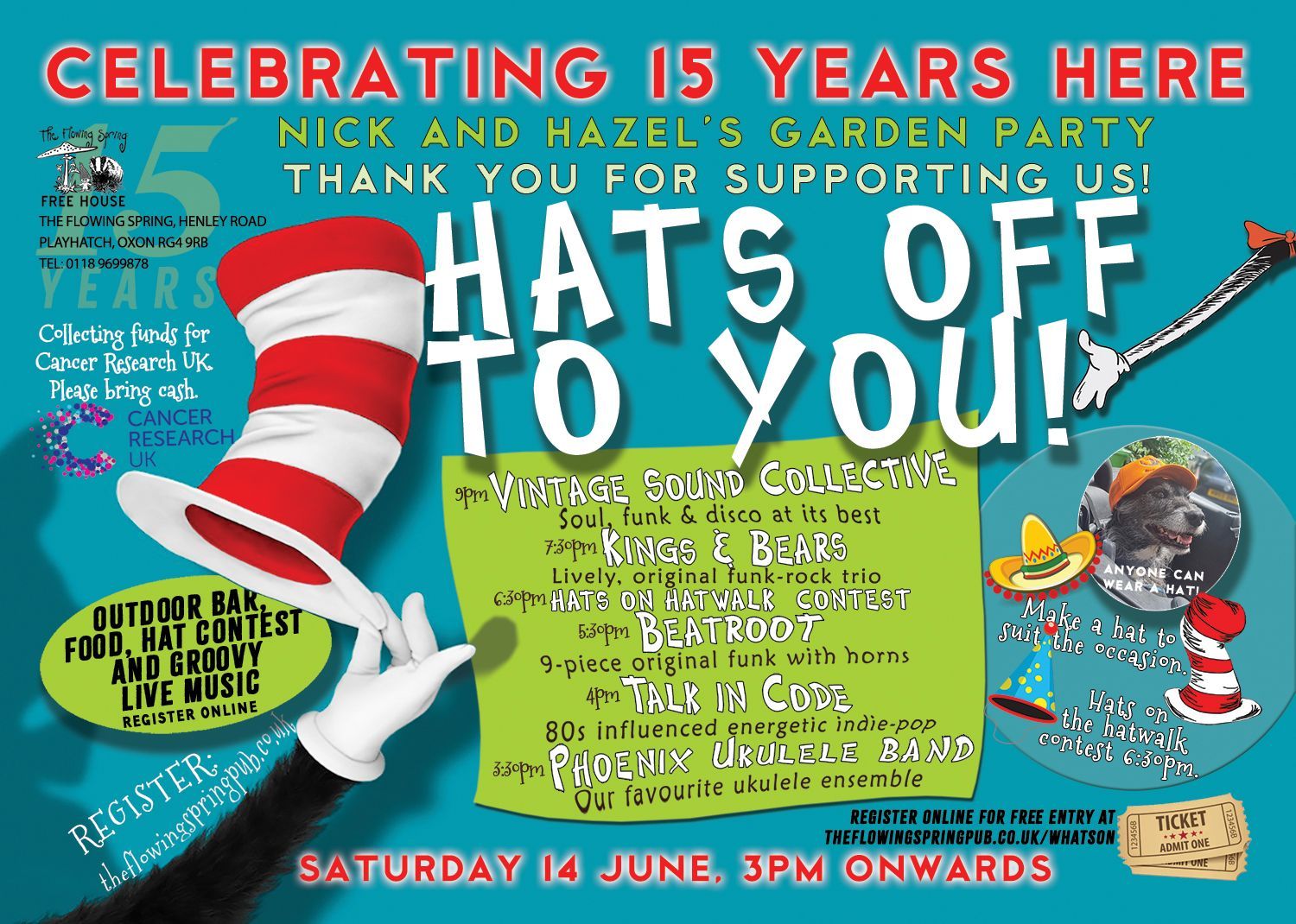 Hats Off Party at The Flowing Spring 14 June 2025. Celebrating 15 years here.