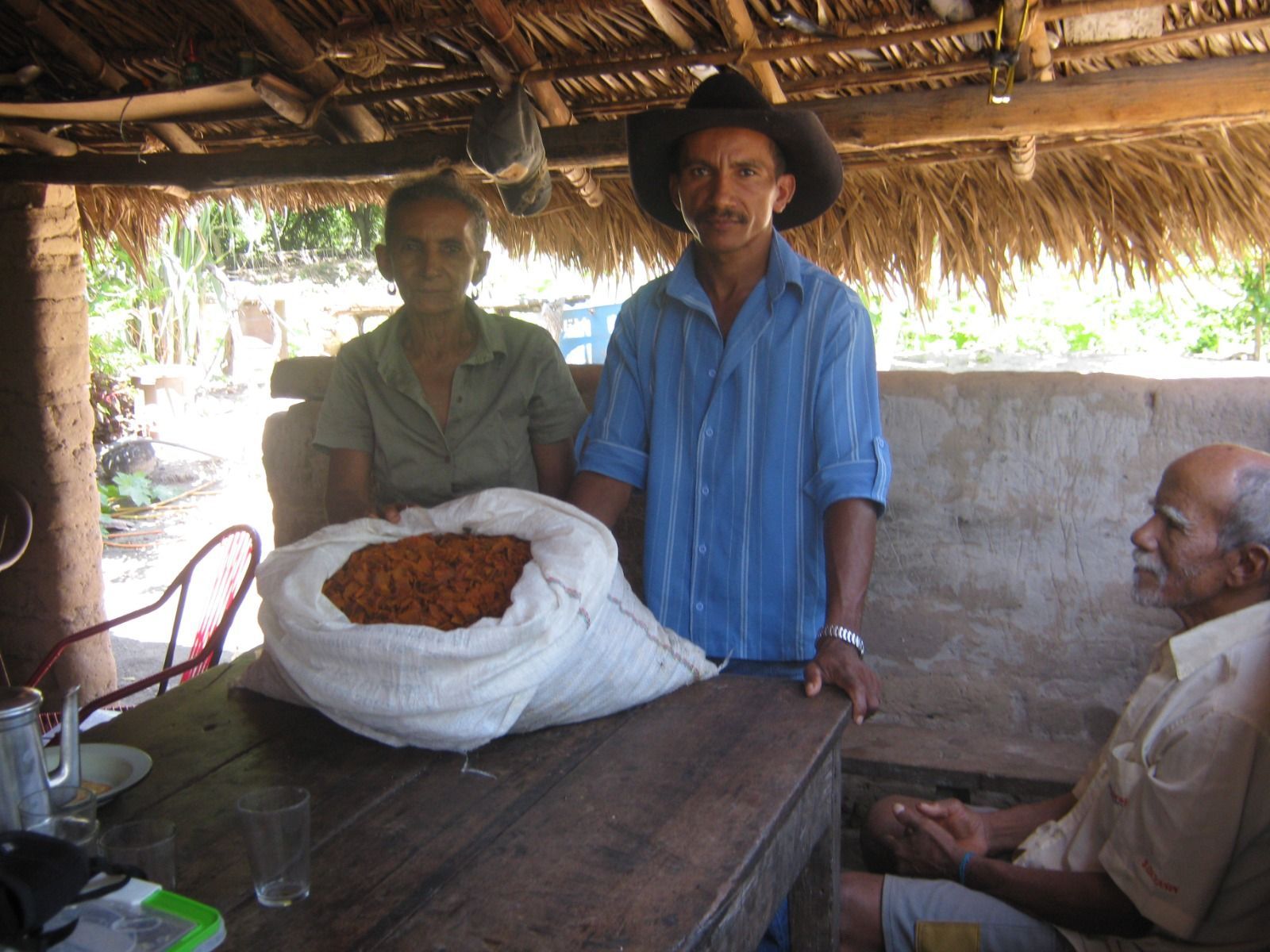 Um homem com um chapéu de cowboy está ao lado de uma mulher segurando uma sacola de comida