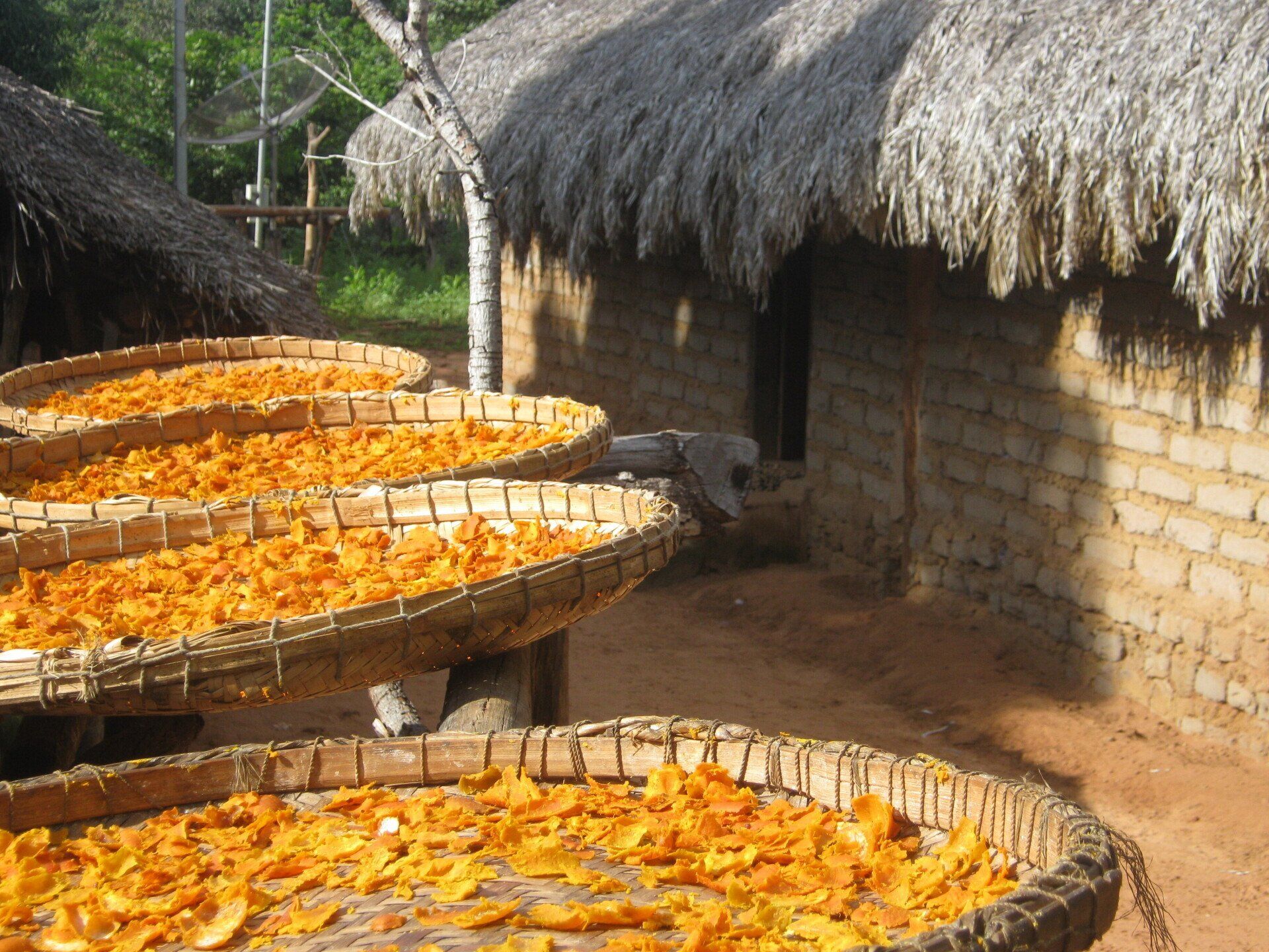 Um edifício com telhado de palha e cestos de comida na frente