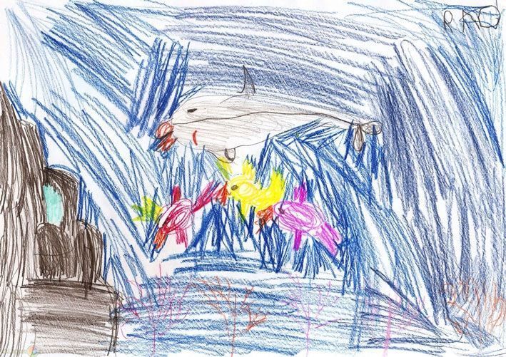 A child 's drawing of a waterfall with a castle in the background.