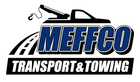 Logo for Meffco Transport & Towing: tow truck, road, and company name in blue and white.