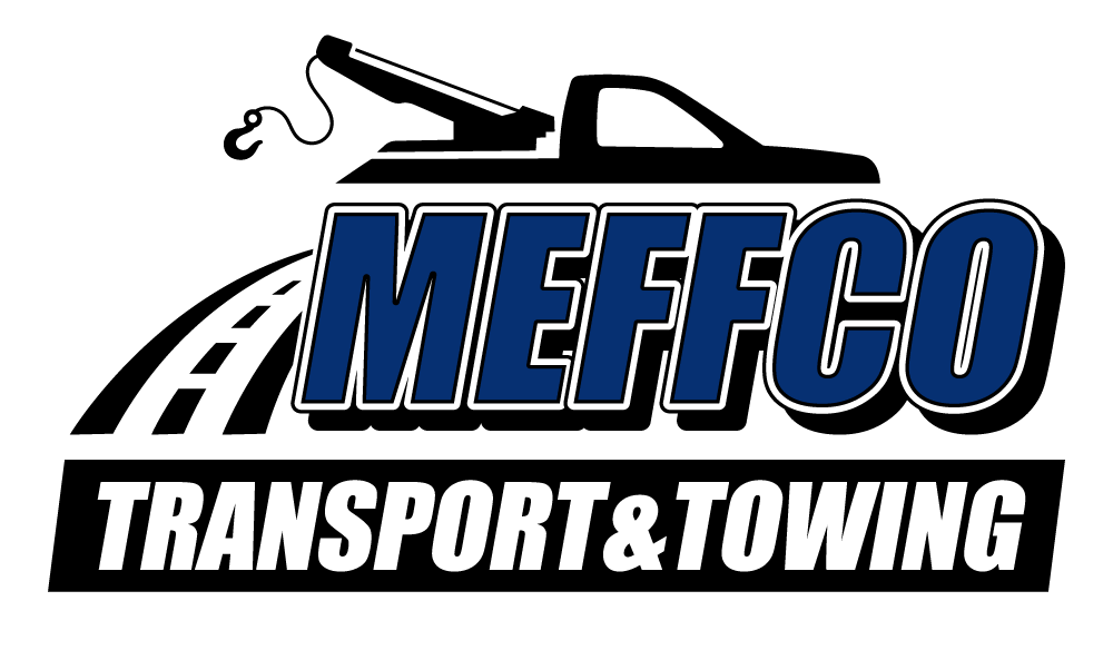 Logo for Meffco Transport & Towing: tow truck, road, and company name in blue and white.