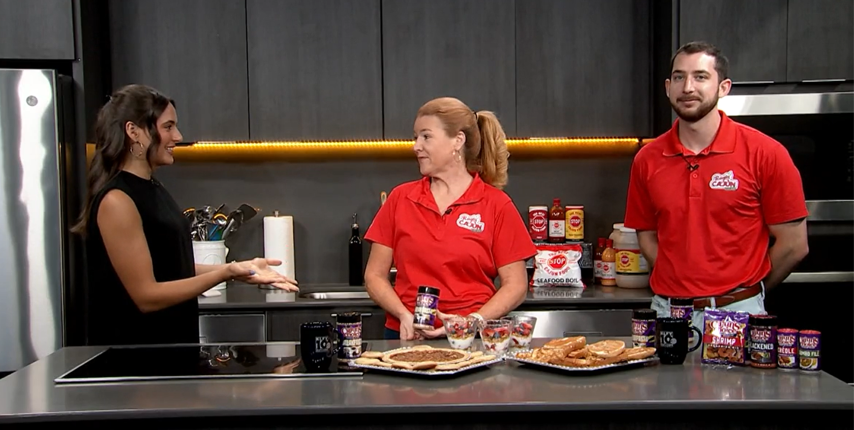 Acadian Kitchens employees Leslie Hall (middle) and Peyton White (right) on the set of Acadiana Live on KLFY.