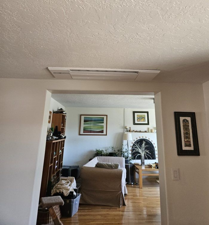View through a doorway into a living room with art, couch, and fireplace. Ceiling vent in foreground.