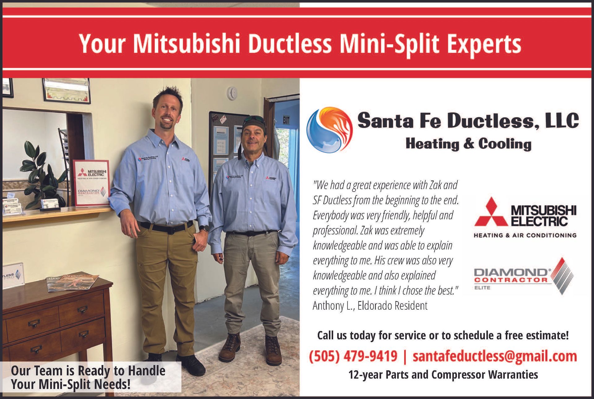 Two men standing in a business advertising ductless mini-split systems.