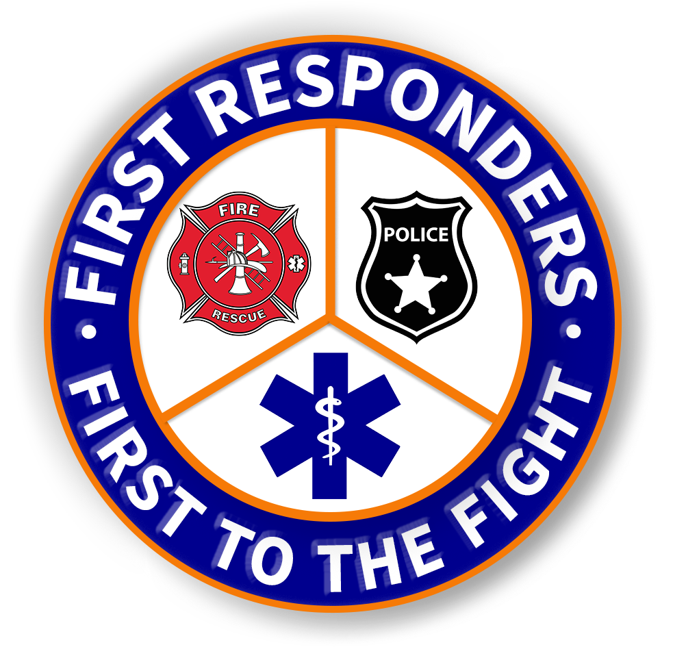 Logo for First Responders: Firefighter symbol, police badge, medical star, blue and orange circle.