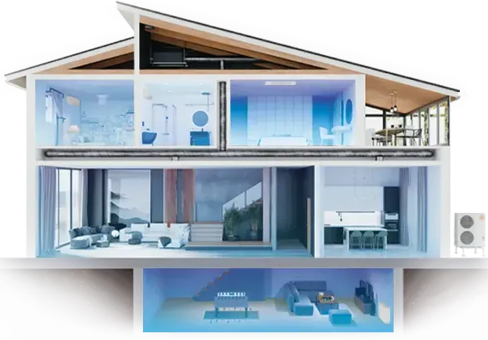 Cutaway illustration of a modern house showcasing air conditioning system, rooms lit in blue.