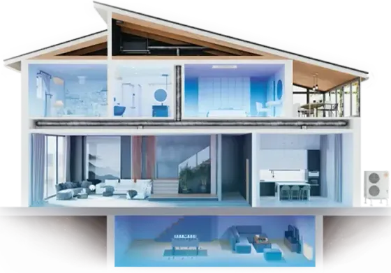 Cutaway illustration of a modern house showcasing air conditioning system, rooms lit in blue.