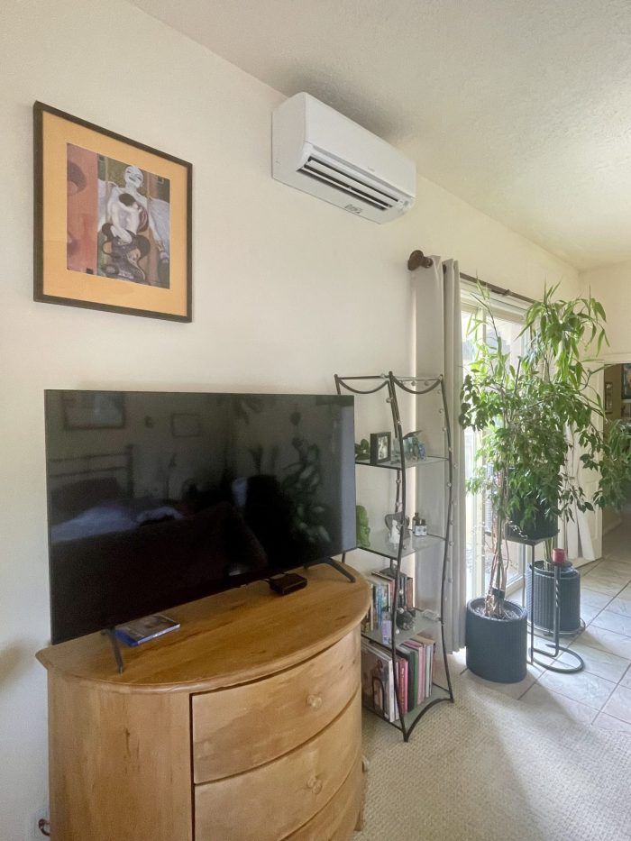 Living room with TV on a wooden dresser, AC unit, and potted plants.