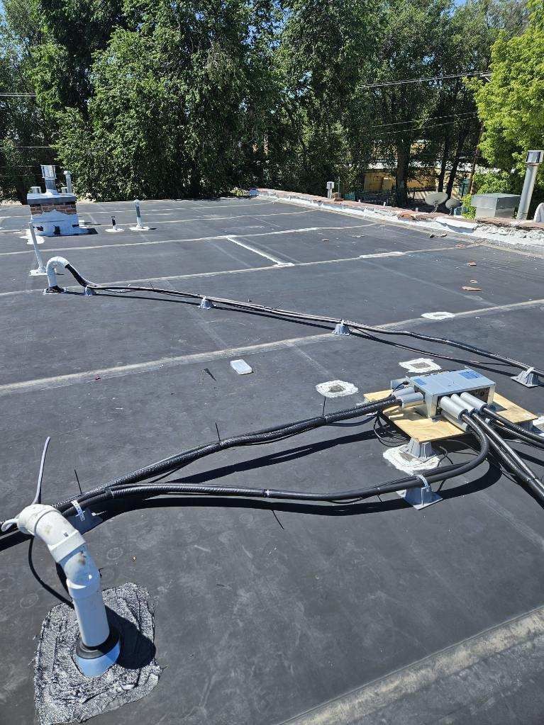 Black roof with electrical conduit and boxes, trees in the background.