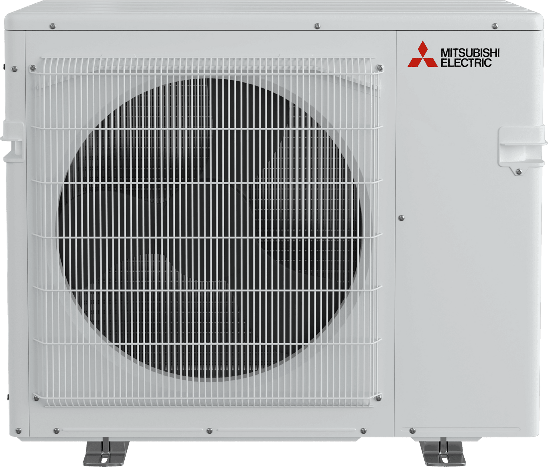 White Mitsubishi Electric outdoor air conditioning unit.