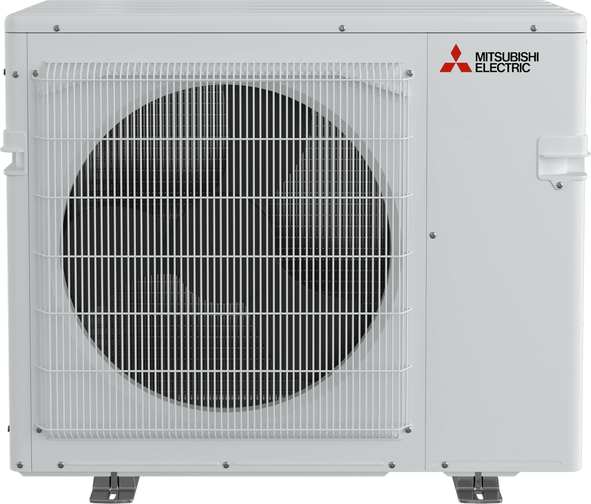 Mitsubishi Electric heat pump, white exterior, protective grille over fan.