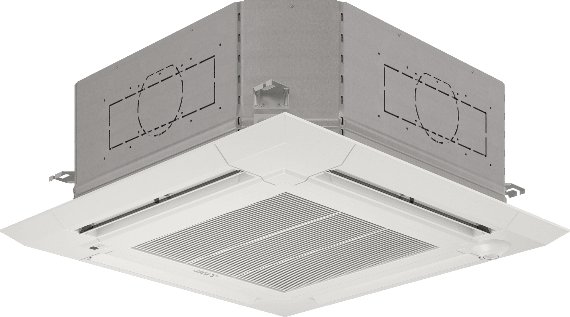 Ceiling-mounted air conditioning unit, white square design, with vents and a gray metal enclosure.