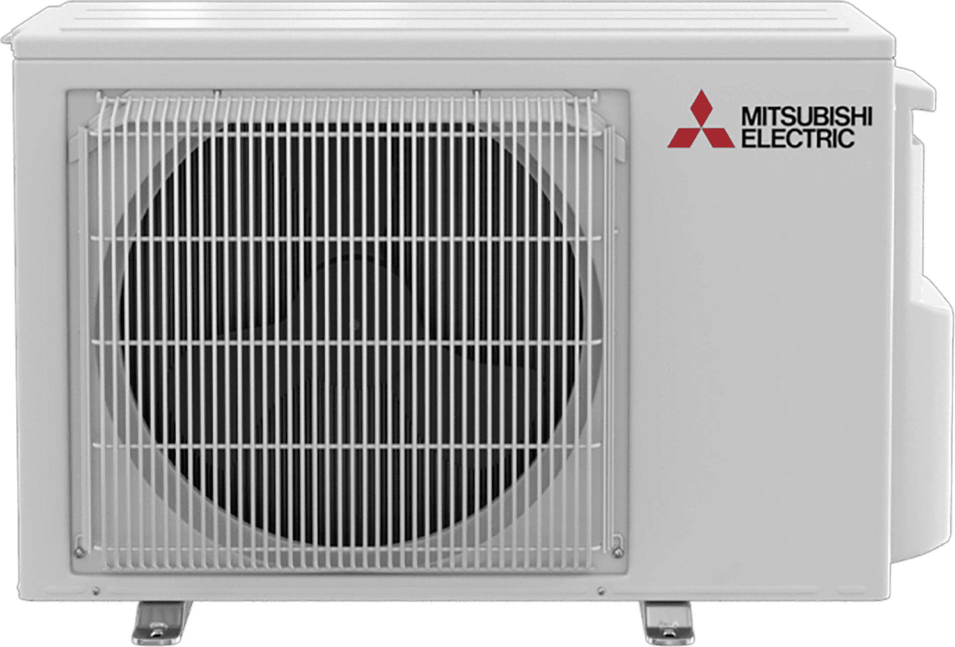 Mitsubishi Electric air conditioner unit. White, outdoor, with fan grille.