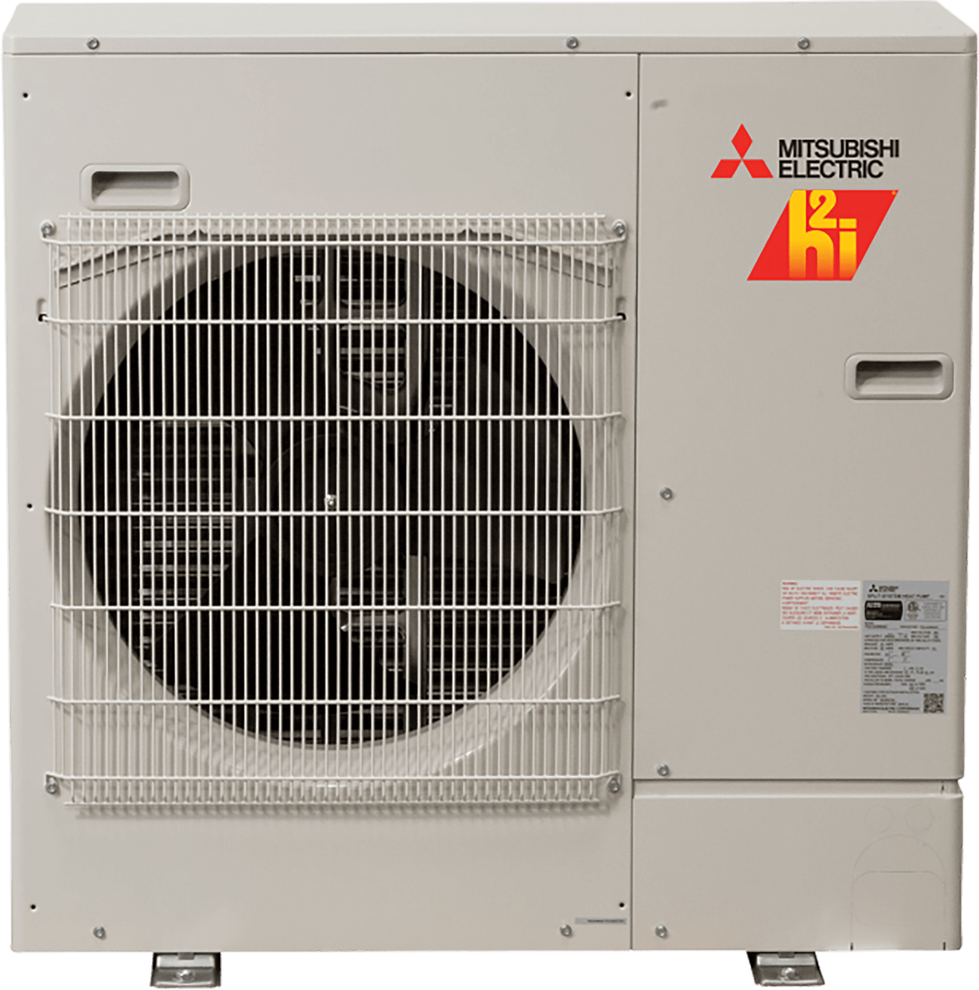 Mitsubishi Electric H2i heat pump unit, beige with a large fan behind a metal grill, and logo on the side.
