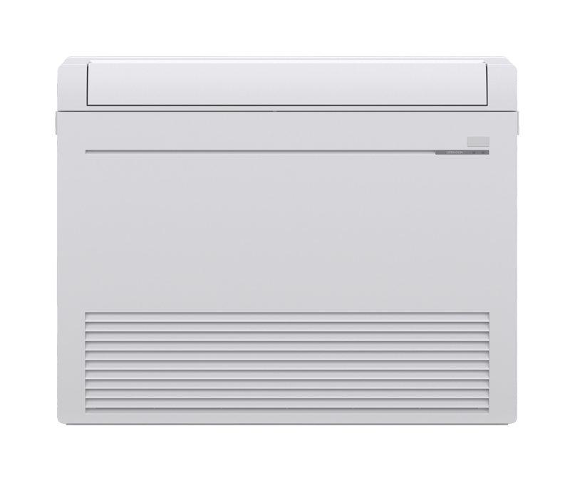 White floor-mounted air conditioning unit with horizontal vents at the bottom and a rectangular top.