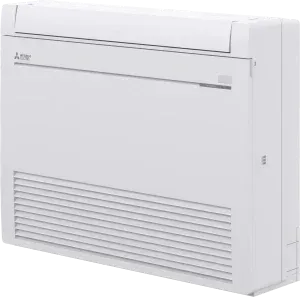 White Mitsubishi floor-standing air conditioning unit.