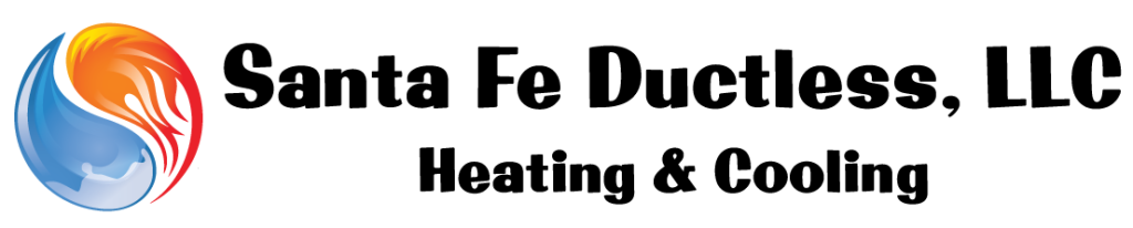 Logo for Santa Fe Ductless, LLC; heating and cooling services. Features a blue, orange, and white circular design.