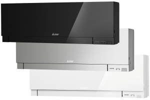 Three Mitsubishi ductless air conditioners in black, silver, and white.