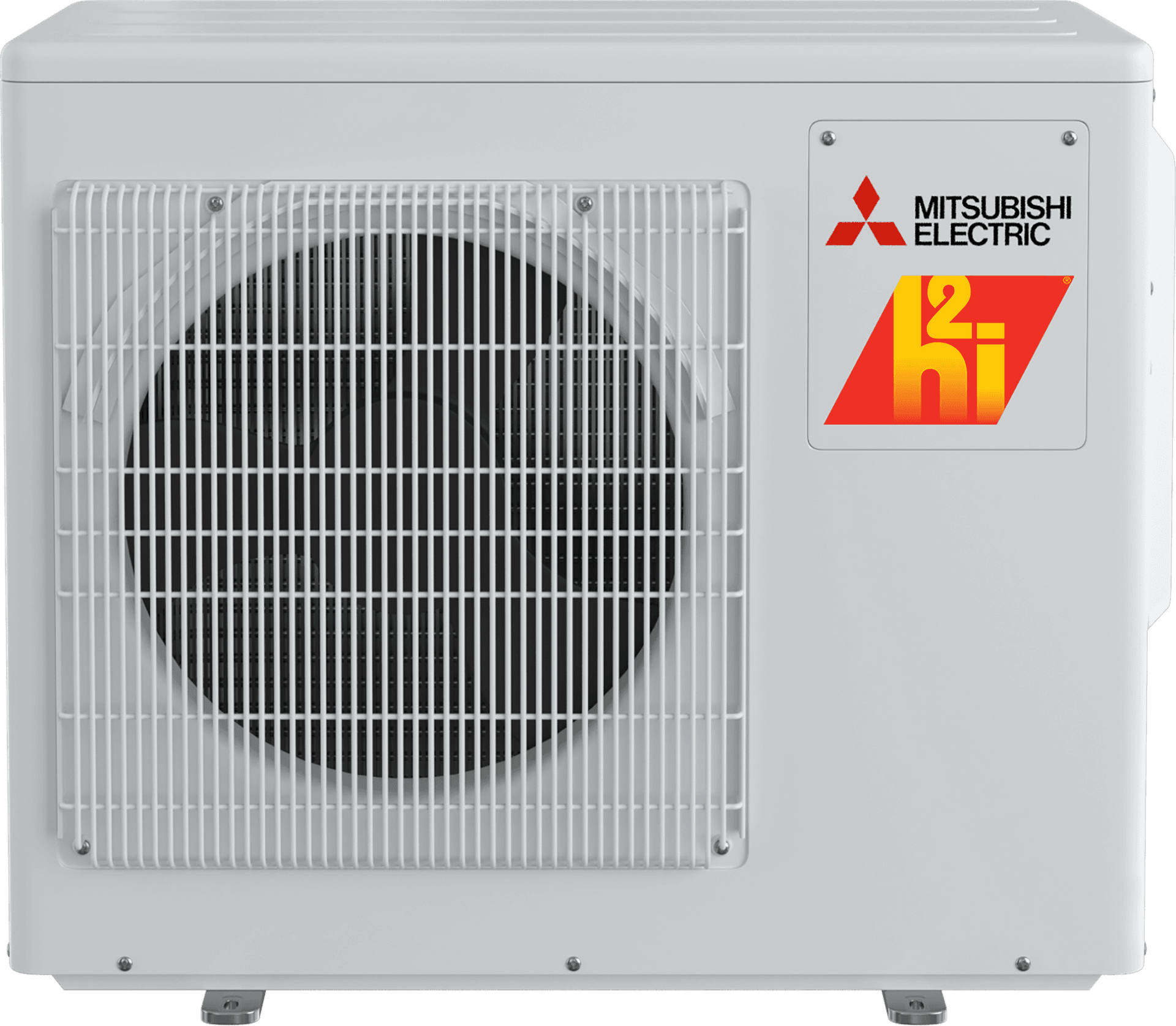 Mitsubishi Electric heat pump, outdoor unit, white, with fan and logo.