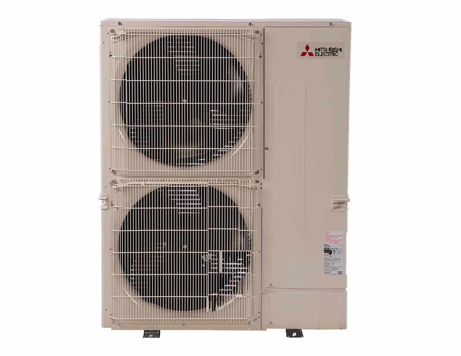 Beige Mitsubishi outdoor heat pump unit with two fans.