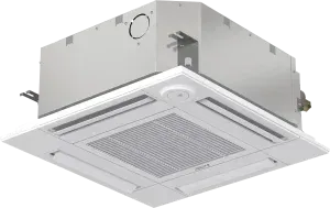 Ceiling-mounted air conditioning unit, white and silver, with grilles and vents.