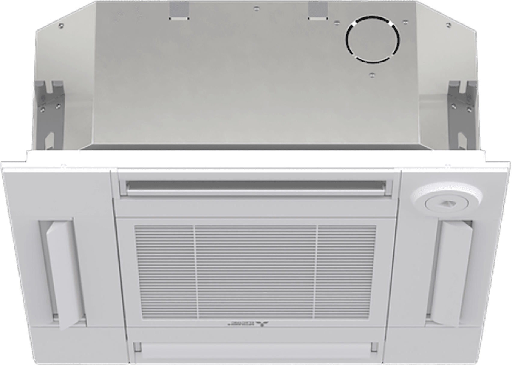 White ceiling-mounted air conditioner with vents, louvers, and a round sensor.