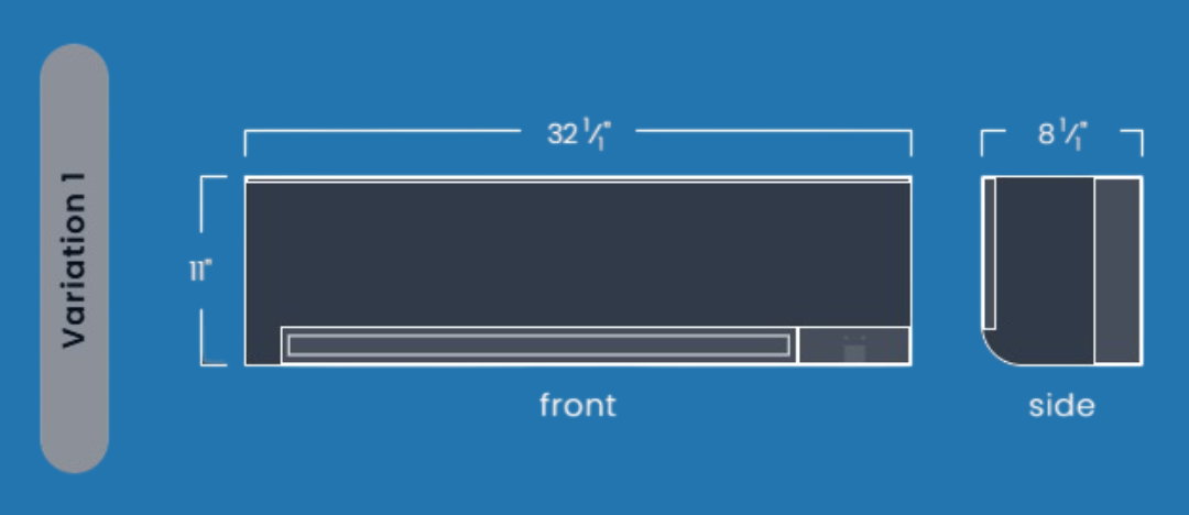 Diagram of an air conditioning unit with dimensions: 32 ¼” wide, 8” high, and 6 ⅝” deep.