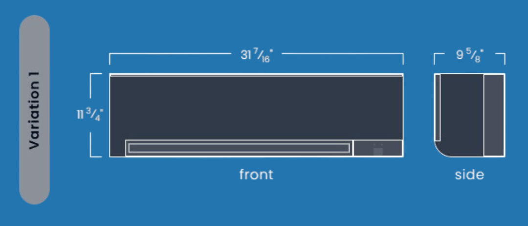Diagram showing the front and side views of an object, dimensions labeled in inches.