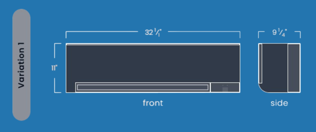 Diagram of a rectangular object showing front and side views with dimensions in inches. It is Variation 1.