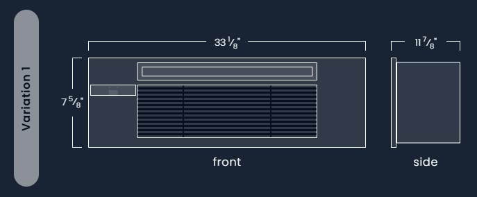 Diagram of a rectangular object showing front and side views with dimensions in inches.