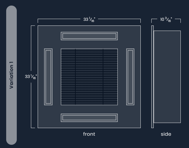 Diagram of a square structure with front and side views, featuring a central rectangular area with horizontal lines.