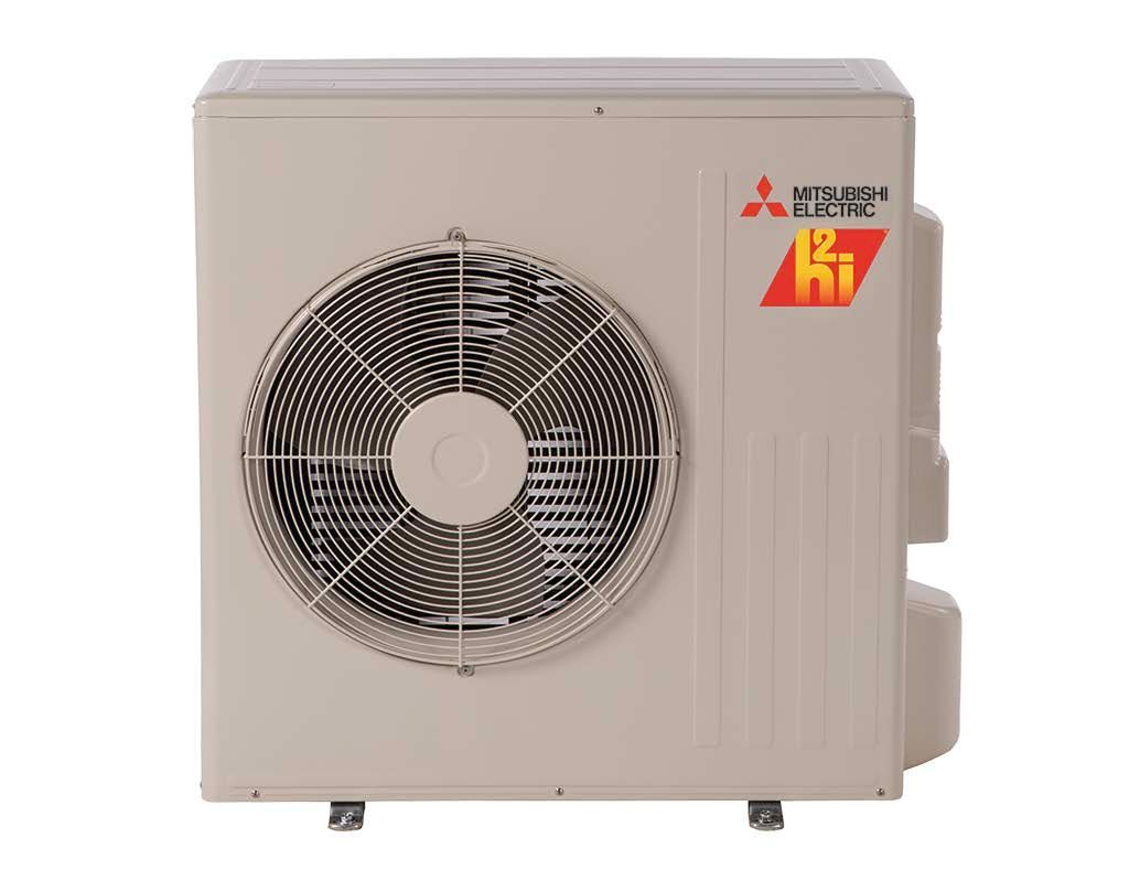 Mitsubishi heat pump unit with fan, beige, outdoor.