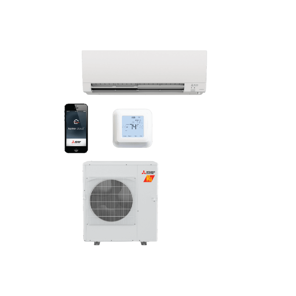 Mitsubishi ductless mini-split AC system: indoor unit, outdoor unit, controller, and smartphone with app.