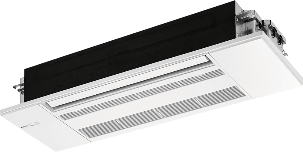 White ceiling-mounted air conditioning unit with black and metallic elements.