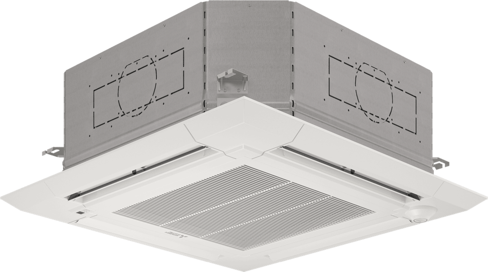 White ceiling-mounted air conditioner with a square face and a gridded vent.