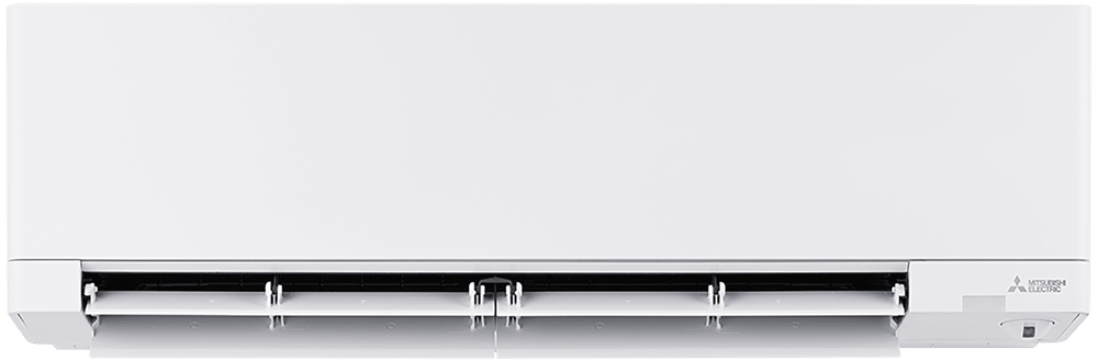 White, wall-mounted air conditioning unit with horizontal louvers.