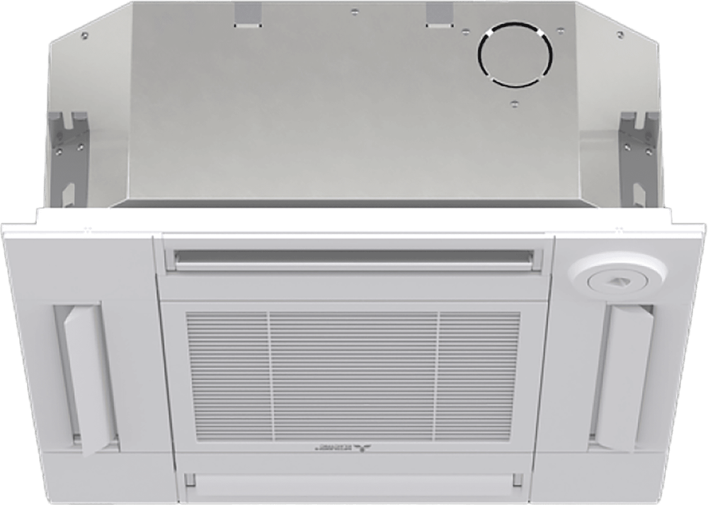 White ceiling-mounted air conditioner with vents, grilles, and circular features.
