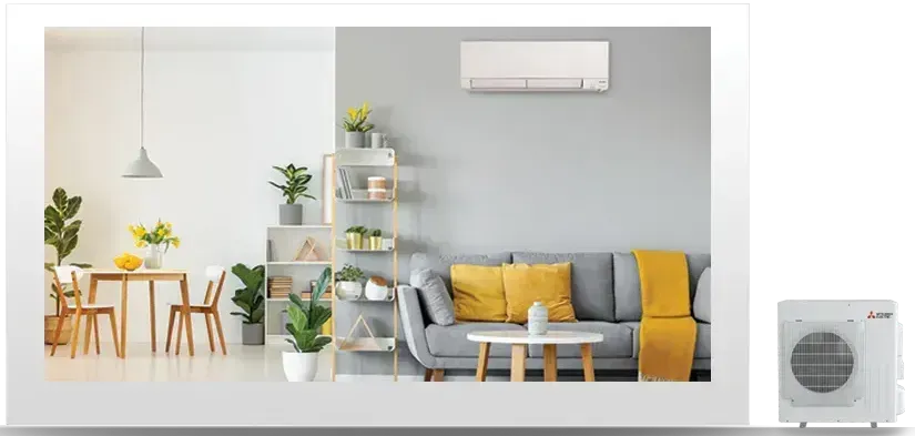Interior of a living room and dining area, with an air conditioning unit. Gray and white color scheme, yellow accents.