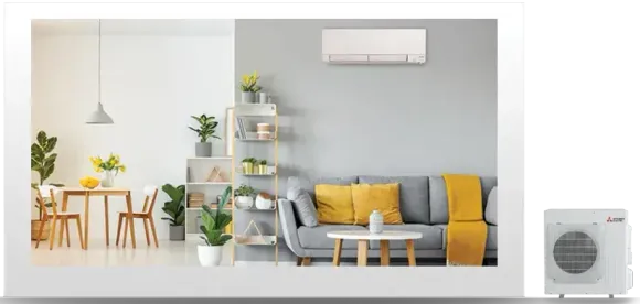 Interior of a living room and dining area, with an air conditioning unit. Gray and white color scheme, yellow accents.