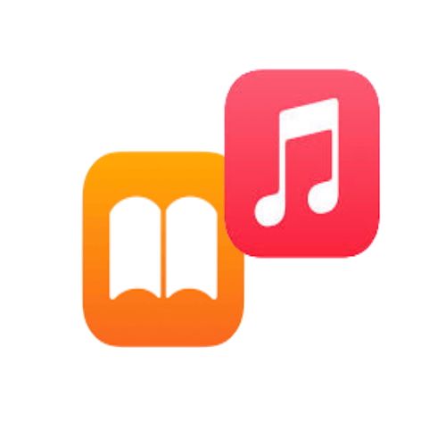 A book and music icon on a white background