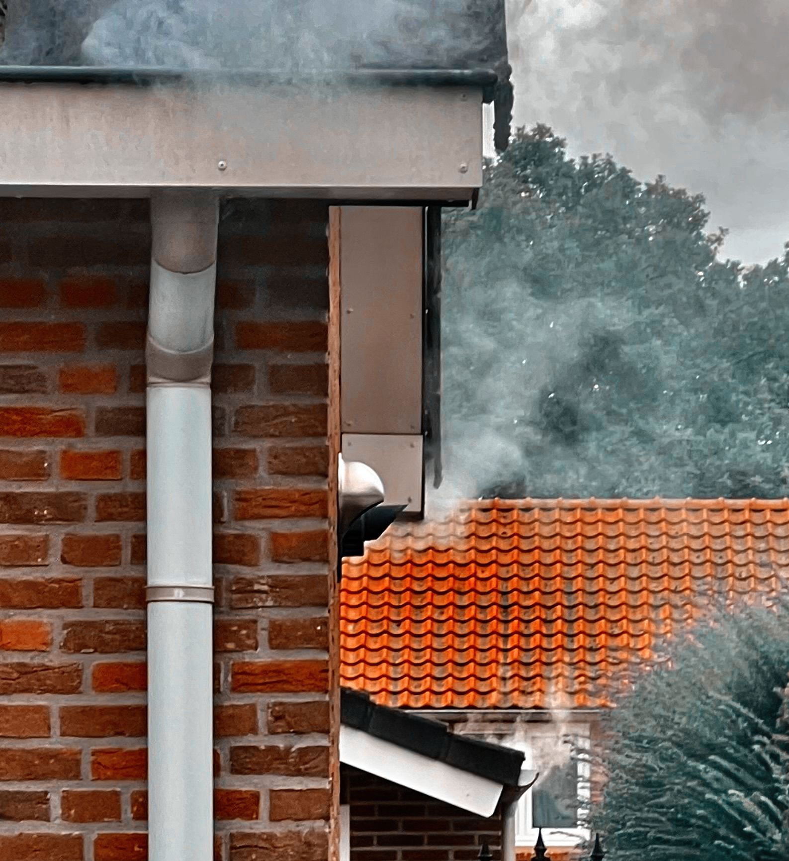Regenwaterafvoer zonder sifon. Bij rooktest komt witte rook omhoog – dus een open rioolverbinding.
