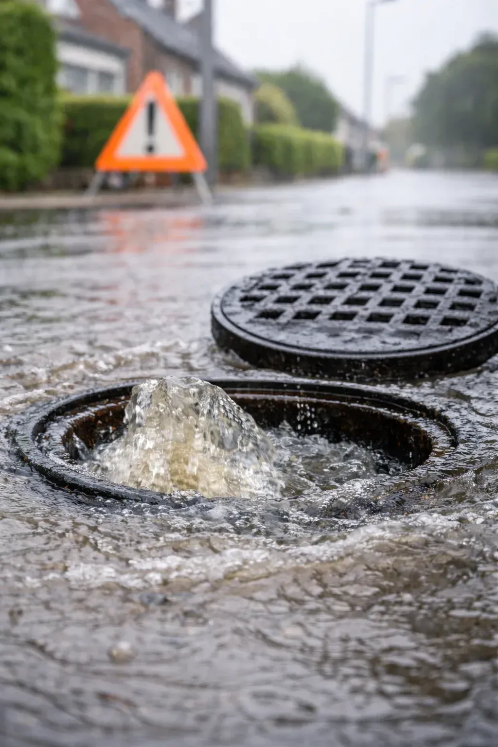 Water dat uit straatriool omhoog komt bij rioolverstopping