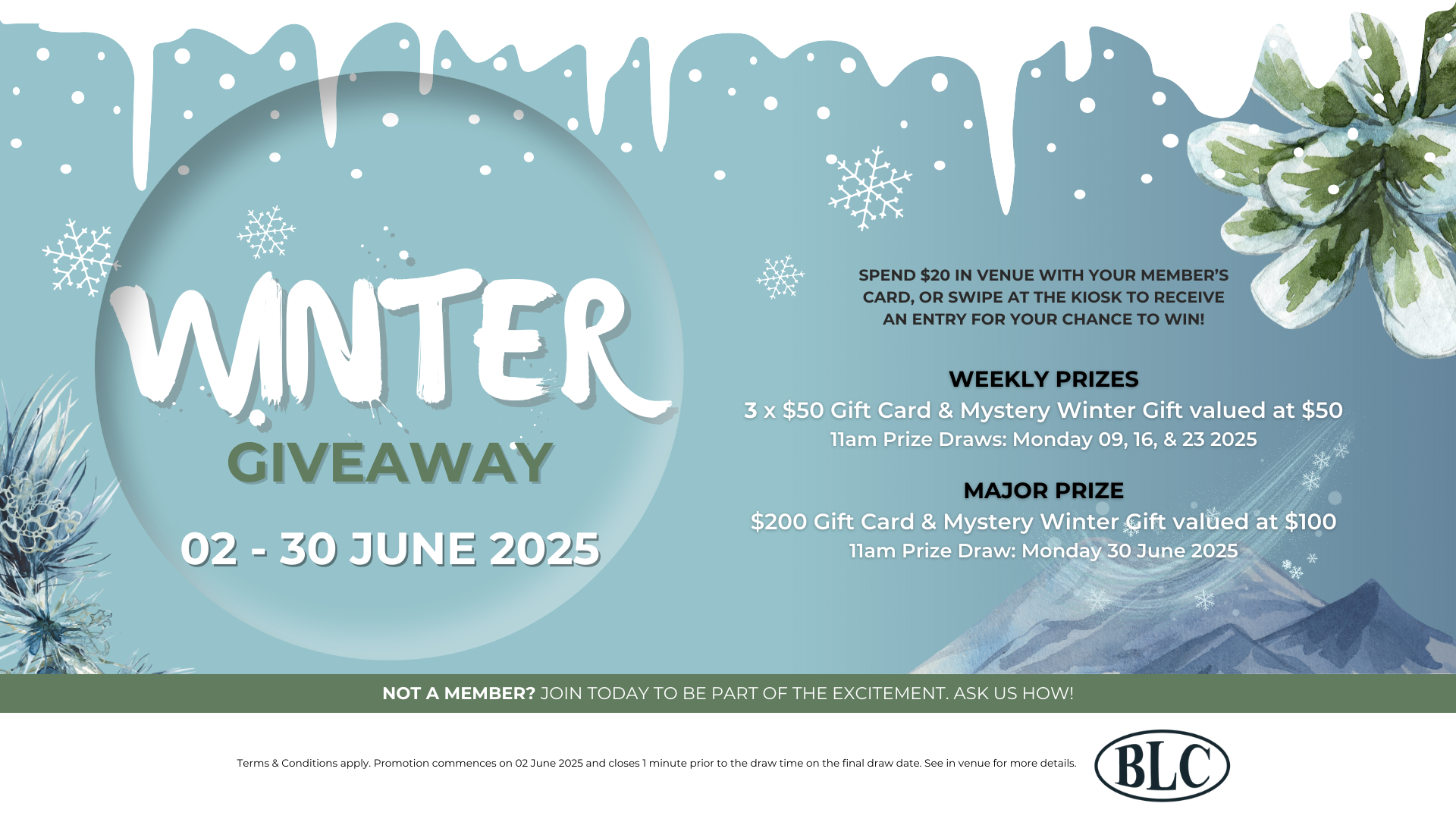 Members, swipe the kiosk for an entry & earn bonus entries when you spend $20 on food/drinks. Prizes