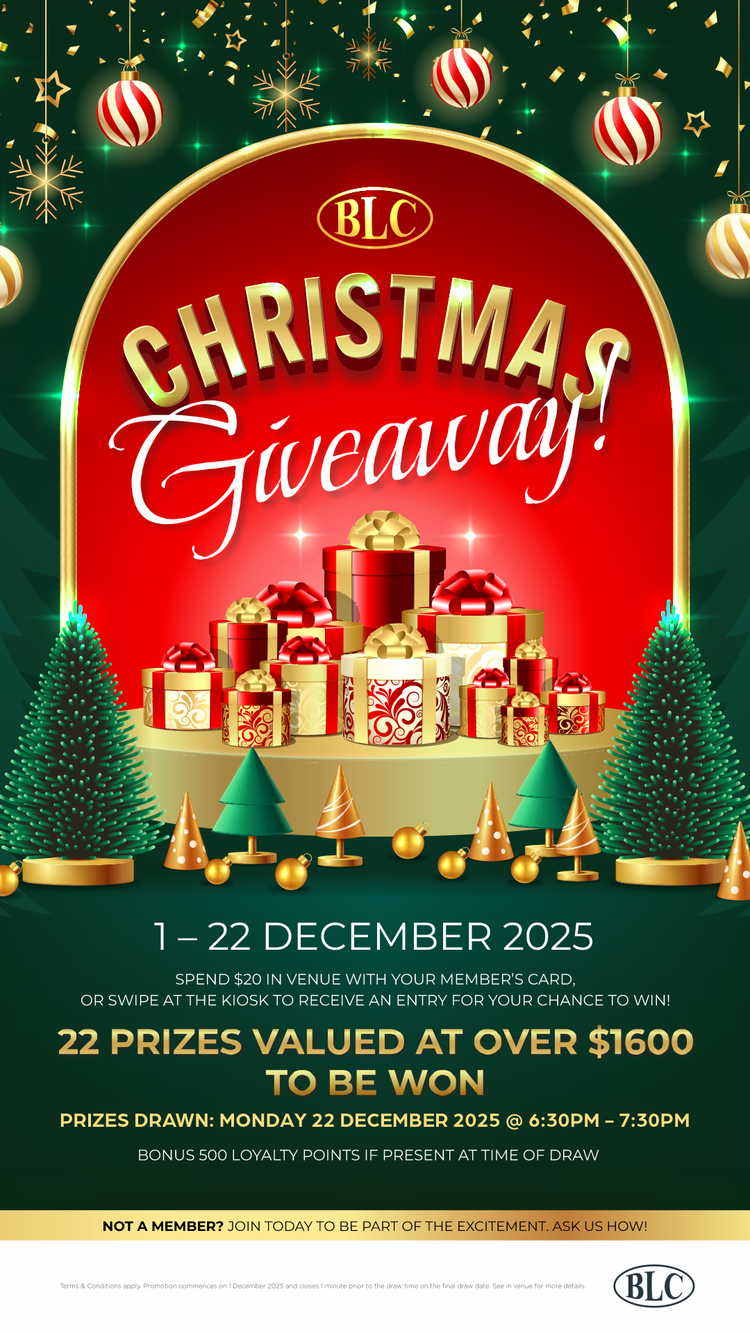 December promotion. From December 1-December 22 Members can earn entries for the draws. 22 Prizes total value over $1600 drawn Dec 22