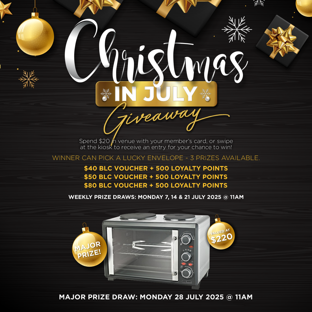 Christmas in July promotion. From July 1-28 Members can earn entries for the draws.