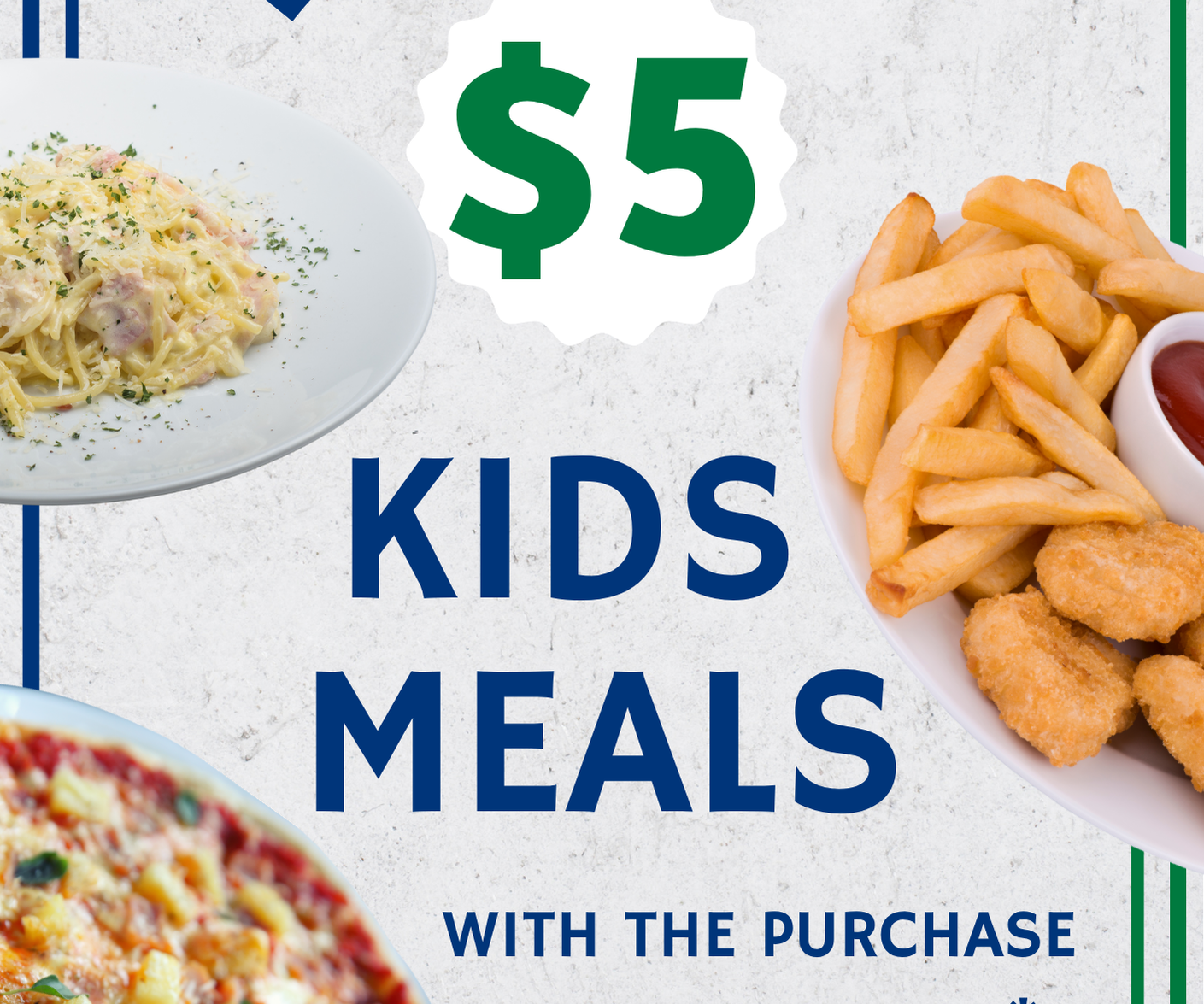 Every Monday  you can take the family out for less! Receive 1 x $5 kids meal with a full priced main meal.